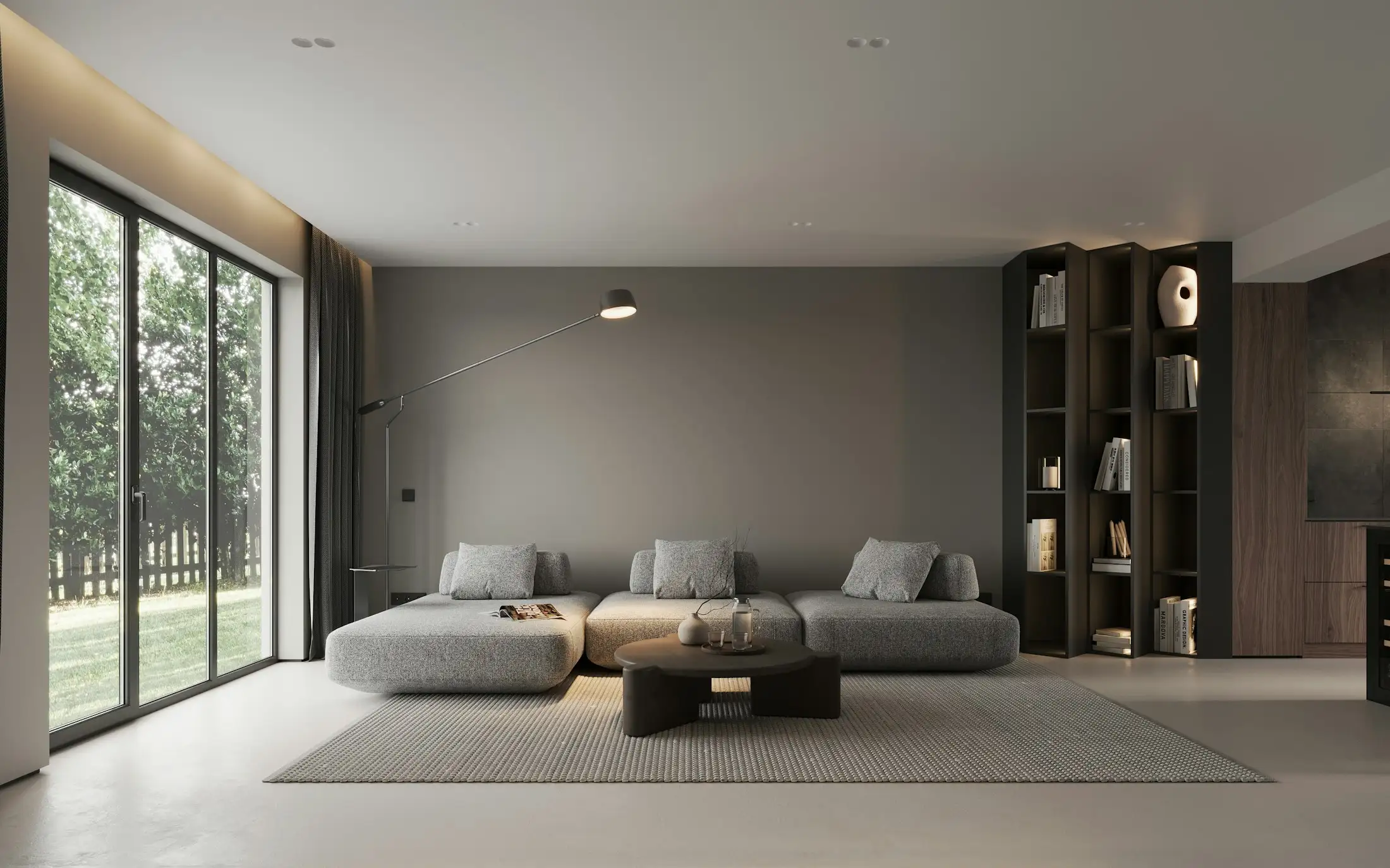 Sufragerie modernă cu rulouri de interior la comandă, coborâte parțial, lumină naturală difuză